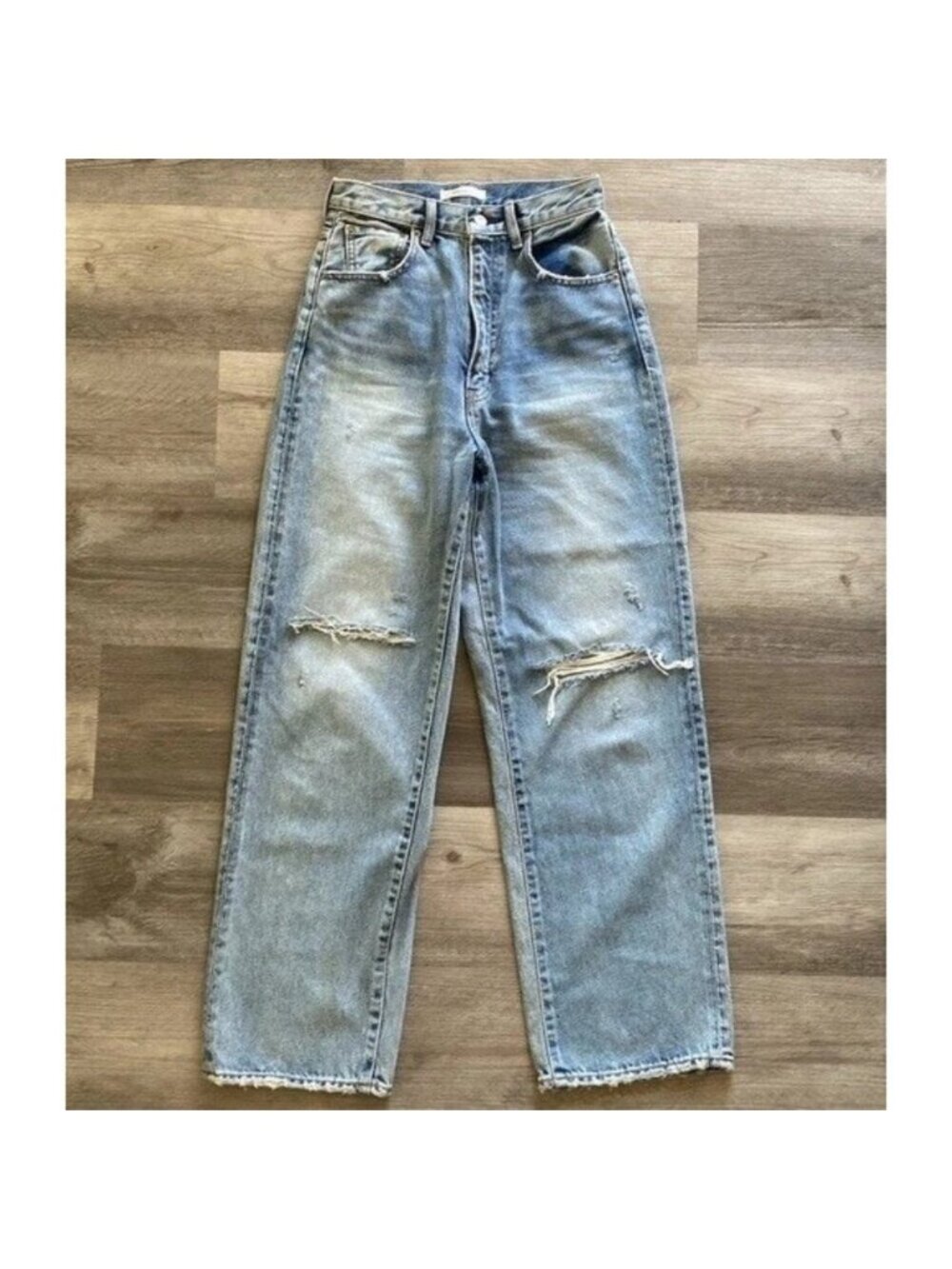 Moussy 100% Cotton Wide Leg Jeans Blue Distressed High Rise Straight Size 26